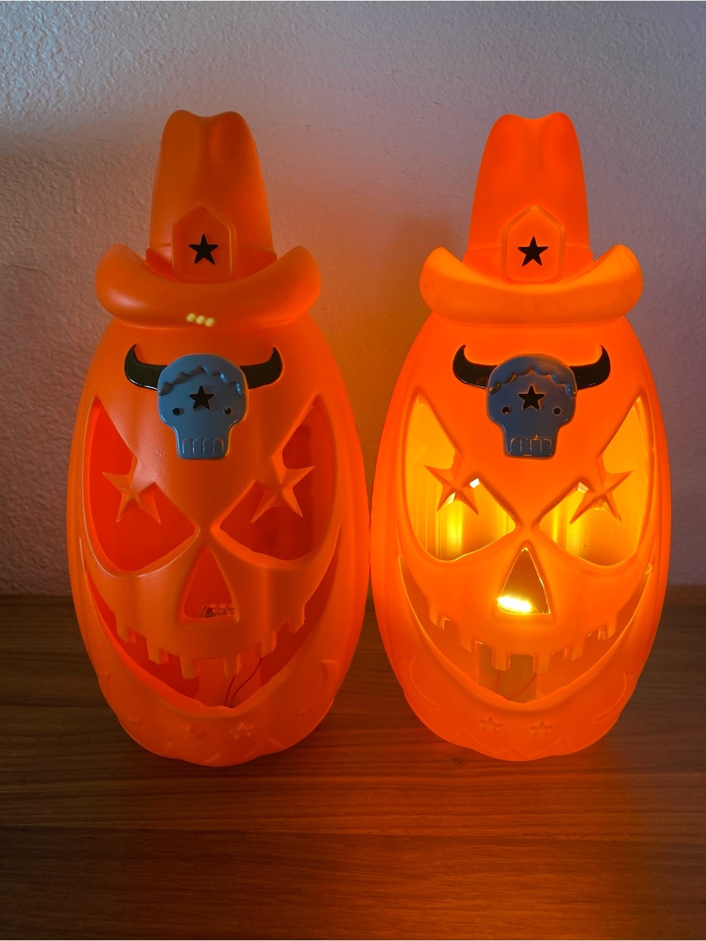 Halloween Pumpkin Blow Mold Texas Jack O Lantern 2 Set Cowboy Longhorn Skull New